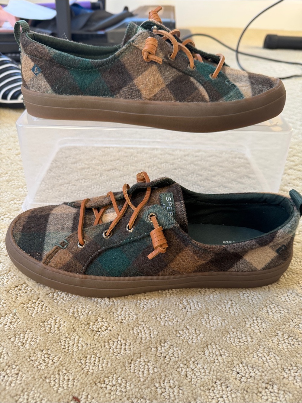 Kids Plaid Canvas Low-Top Sneaker - wool upper Brown & Green